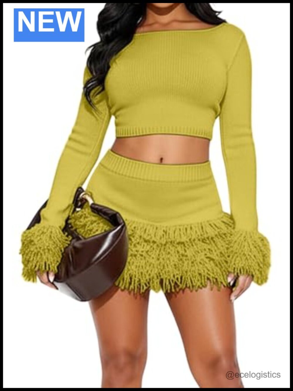 2 Piece Chunky Knit Set Off Shoulder Crop Top Fringe Bodycon Mini Skirt
